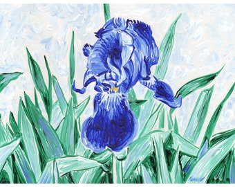 Pittura dell'iride Arte originale floreale blu Arte della parete floreale giapponese Opera d'arte botanica Pittura ad olio 12 per 16 Arte sopra il letto di KomarovArt