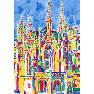 Vista do castelo da varanda pintura Paisagem ensolarada arte original Arte de parede de jardim floral Arte colorida 12 por 8 Pequena pintura Expressionismo