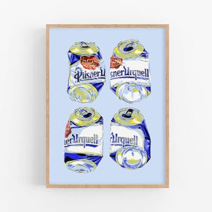 Bierblikje art print drankje muurkunst barwagen artwork Pilsner Urquell bier poster moderne kleurrijke kamerinrichting Crushed Can pop-art grote print