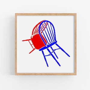 Chair art print Pop art red blue poster Interior design wall art Iconic chairs furniture artwork Minimalist home decor Modern wall decor