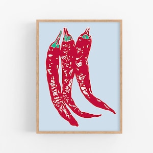 Roter Paprika Kunstdruck Küche Wandkunst Food Poster Hot Chili Peppers Kunstwerk Buntes Wanddekor Modernes neues Haus Geschenk Rot blau Kunstdruck