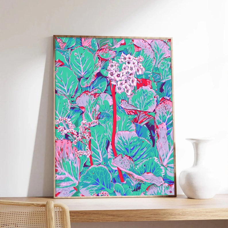 Pink flower art print Floral wall art Botanical poster Colorful large artwork Modern abstract nature wall decor Bergenia Elephant Ears art image 5