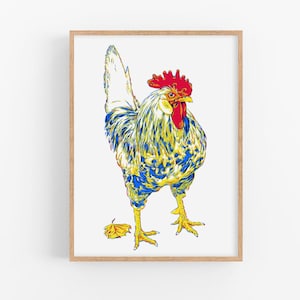 Rooster art print Farm animal wall art Animal poster Farmhouse artwork CHicken art print Large colorful poster Red yellow Rooster  print