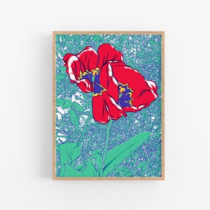 Tulpe Kunstdruck Blumen Wandkunst Botanisches Plakat Rote Blumen Kunstwerk Moderne abstrakte Natur Wanddekor Bunt großer Kunstdruck
