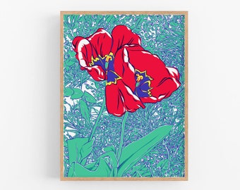 Tulip art print Floral wall art Botanical poster Red flower artwork Modern abstract nature wall decor Colorful large art print