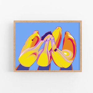 Banana art print Kitchen wall art Fruit painting Food artwork Pop art poster Modern blue fine art print yellow banana wall decor Large print