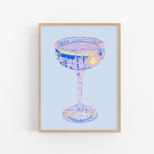 Champagne glass art print Bar cart wall art Kitchen drink artwork Modern cocktial poster Luxury wall decor  Blue pink large art print