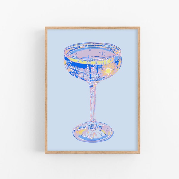 Champagne glass art print Bar cart wall art Kitchen drink artwork Modern cocktial poster Luxury wall decor  Blue pink large art print