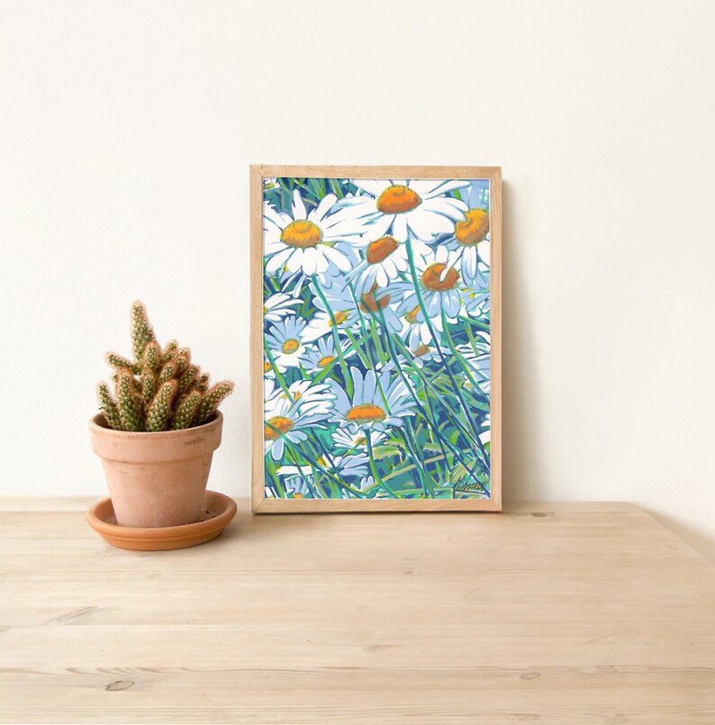 Daisy painting Floral wall art Wildflower artwork Spring botanical graphic art Colorful emerald green 7 by 5 Small painting by KomarovArt image 4