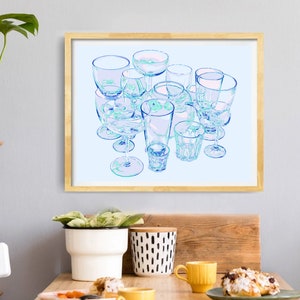 Glass art print Kitchen poster Drink wall art Wine artwork Inspirational wall decor Large blue poster Simple colorful pop art image 6