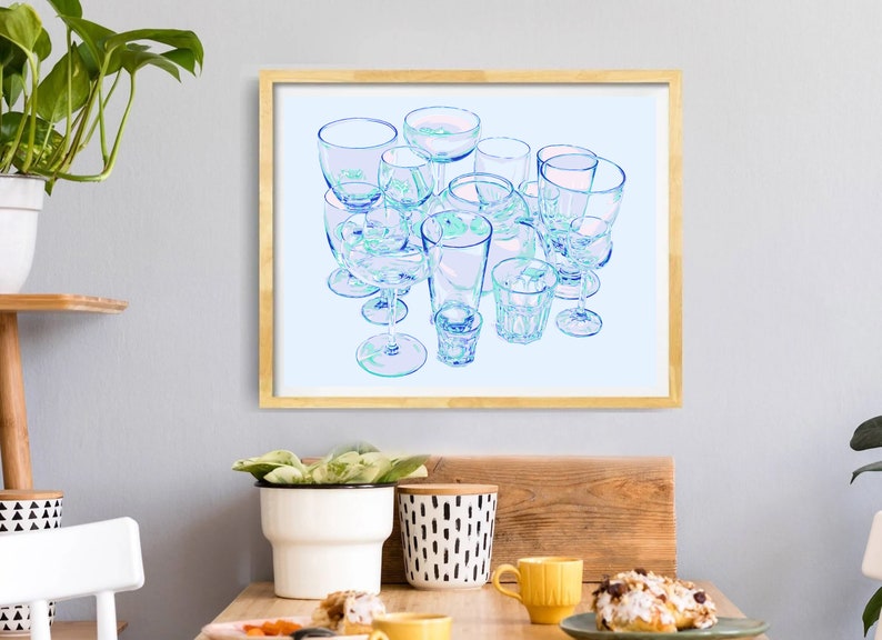 Glass art print Kitchen poster Drink wall art Wine artwork Inspirational wall decor Large blue poster Simple colorful pop art image 6