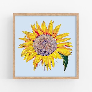 Sunflower art print Summer floral wall art Botanical poster Yellow flower artwork Modern pink wall decor Contemporary aesthetic home decor