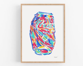 Cola can print Abstract wall art Drink artwork Crushed soda can poster Colorful pop art Urban modern decor Bar cart art print