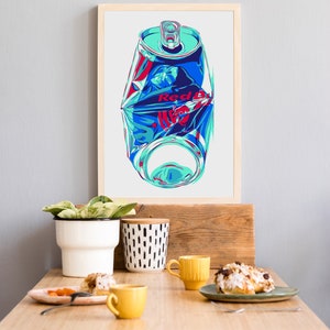 Red bull can art print original Kitchen wall art Drink artwork Crushed can Simple colorful pop art Modern urban Large graphic art poster image 7