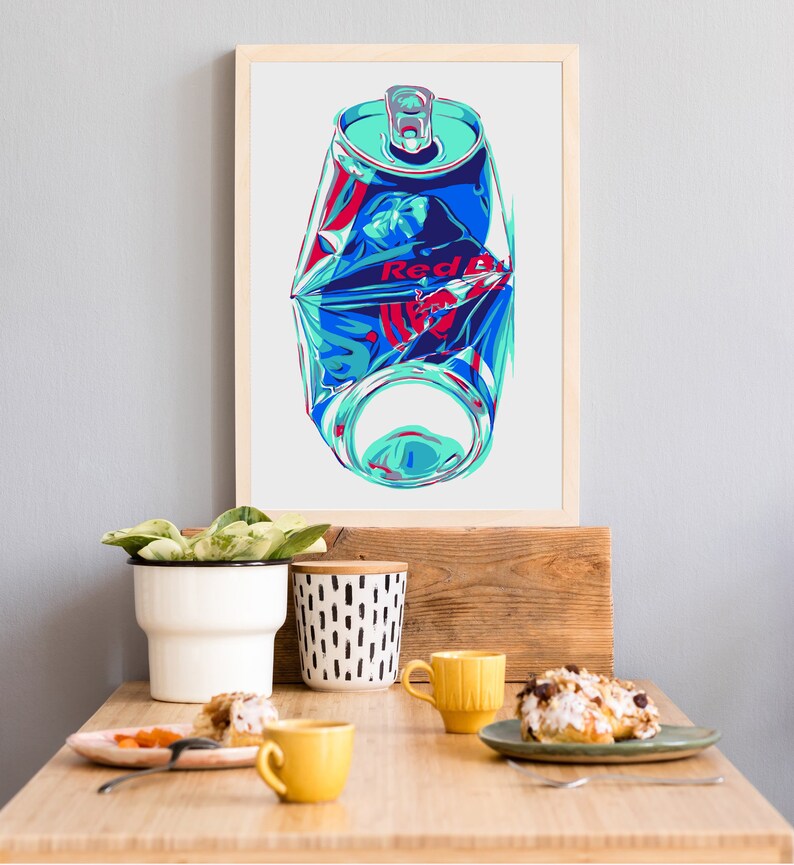 Red bull can art print original Kitchen wall art Drink artwork Crushed can Simple colorful pop art Modern urban Large graphic art poster image 7