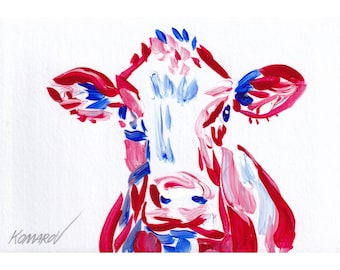 Cow head painting Animal original art Red blue wall art Colorful artwork Pop art small painting Farmhouse art 5 by 7 Tiny oil painting
