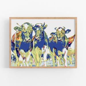 Cow art print Bulls wall art Animal poster Farm animal artwork Farmhouse art print Large colorful poster Herd of bulls art print Cows print