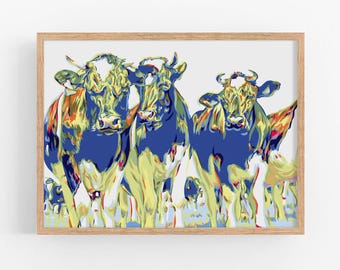 Impresión artística de vaca Arte mural de toros Póster de animales Obras de arte de animales de granja Impresión artística de granja Póster grande y colorido Impresión artística de manada de toros Impresión de vacas