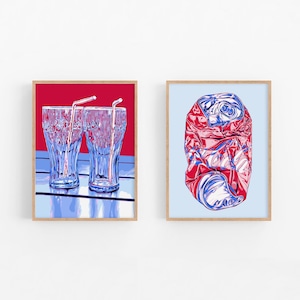 Wydruk artystyczny Coca-Coli Grafika ścienna z napojem Grafika na wózek barowy Zestaw 2 plakatów kuchennych Sztuka ścienna w stylu pop-art Wydruk artystyczny z puszką Coca-Coli Kolorowy duży wydruk artystyczny