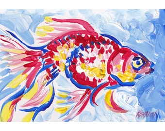 Peinture de poisson rouge Poisson art original Art mural d’animaux marins Œuvre d’art sous-marine verte Océan de poisson Koi d’or 5 par 7 petite peinture à l’huile par KomarovArt