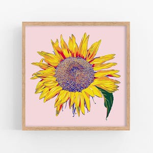 Sunflower art print Summer floral wall art Botanical poster Yellow flower artwork Modern pink wall decor Contemporary aesthetic home decor