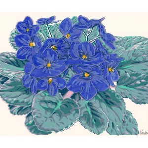 African violet painting Flower original art Blue floral wall art Botanical artwork 8 by 12 Small painting