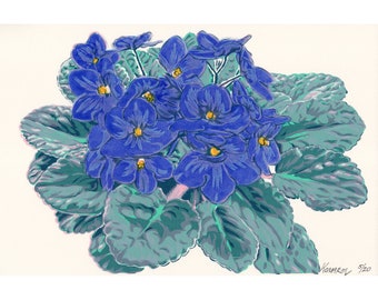 African violet painting Flower original art Blue floral wall art Botanical artwork 8 by 12 Small painting
