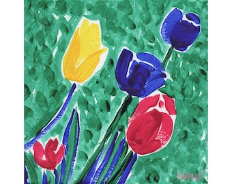 Peinture de tulipes Art original de fleur Art mural floral Œuvre colorée 8 x 8 Petite peinture à l’huile prête à accrocher