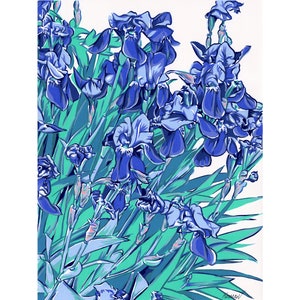 Iris graphic art Floral original art February birth flower wall art Simple colorful blue painting 16 by 12 Above sofa painting by KomarovArt