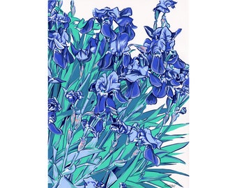 Iris art graphique Art original floral Février naissance art mural fleur Simple peinture bleue colorée 16 par 12 Au-dessus de la peinture de canapé par KomarovArt