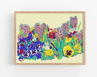 Floral art print Spring flower wall art Botanical poster Colorful viola Hyacinth artwork Large flower art print Pansy wall art