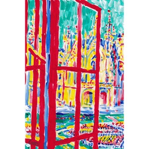Vista do castelo da varanda pintura Paisagem ensolarada arte original Arte de parede de jardim floral Arte colorida 12 por 8 Pequena pintura Expressionismo
