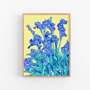 Iris art print Blue floral wall art Botanical poster Japanese flower artwork Large colorful wall decor Modern new home gift for her image 1