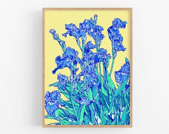 Iris art print Blue floral wall art Botanical poster Japanese flower artwork Large colorful wall decor Modern new home gift for her