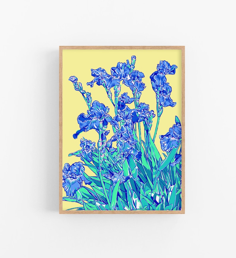 Iris art print Blue floral wall art Botanical poster Japanese flower artwork Large colorful wall decor Modern new home gift for her image 1