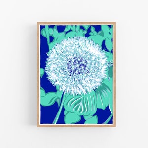 Stampa artistica di tarassaco, poster floreale verde, arte murale con fiori blu, opera d'arte con fiori selvatici, arredamento da fattoria, grande botanica, semplice arte grafica colorata