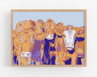 Impresión artística de vaca Arte mural de toros Póster de animales Obras de arte de animales de granja Impresión artística de granja Póster grande y colorido Impresión artística de manada de toros Impresión de vacas