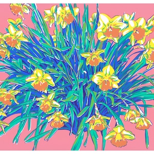 Daffodil painting Floral original art Flower wall art Narcissus artwork Colorful graphic fine art 18 by 20 Large painting by KomarovArt