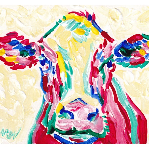 Peinture de vache Art original d’animal de ferme Art mural pop art Tête de vache colorée Illustration de ferme 5 par 7 Petite peinture