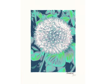 Dandelion blowball painting Flower original art Floral wall art Botanical artwork 12 by 8 Pastel emerald green small painting by KomarovArt