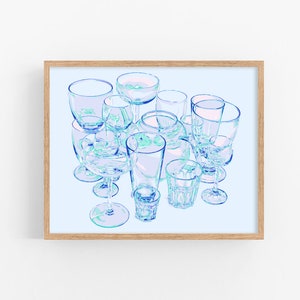 Glass art print Kitchen poster Drink wall art Wine artwork Inspirational wall decor Large blue poster Simple colorful pop art image 1