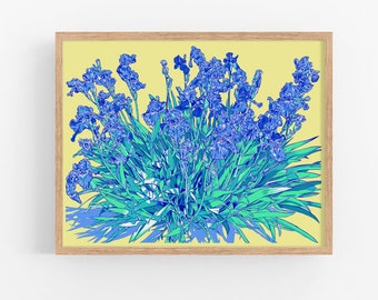 Iris art print Blue floral wall art Botanical artwork Japanese flower poster Large colorful art print Inspired by Van Gogh wall art gift