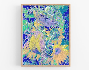 Sunflower art print Floral wall art Botanical artwork Yellow flower poster Large colorful art print Widflower wall art Spring floral gift