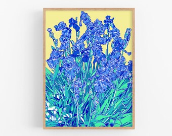 Iris art print Blue floral wall art Botanical poster Japanese flower artwork Large colorful wall decor Modern new home gift for her