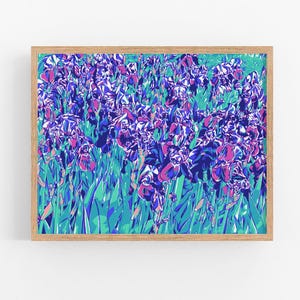 Iris art print Floral wall art Botanical poster Blue flower artwork Large colorful wall decor Impressionism wall art Pink blue iris print