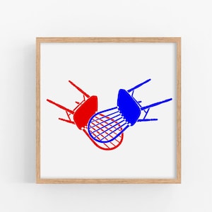 Chair art print Pop art red blue poster Interior design wall art Iconic chairs furniture artwork Minimalist home decor Modern wall decor