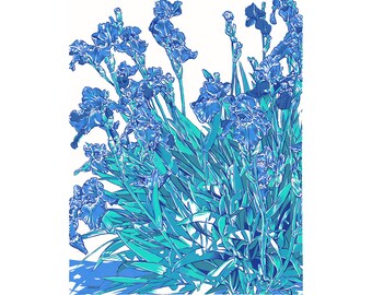 Iris painting Blue floral original art Flower wall art Botanical artwork Floral wall decor Gift for lover 20 by 16 Floral painting