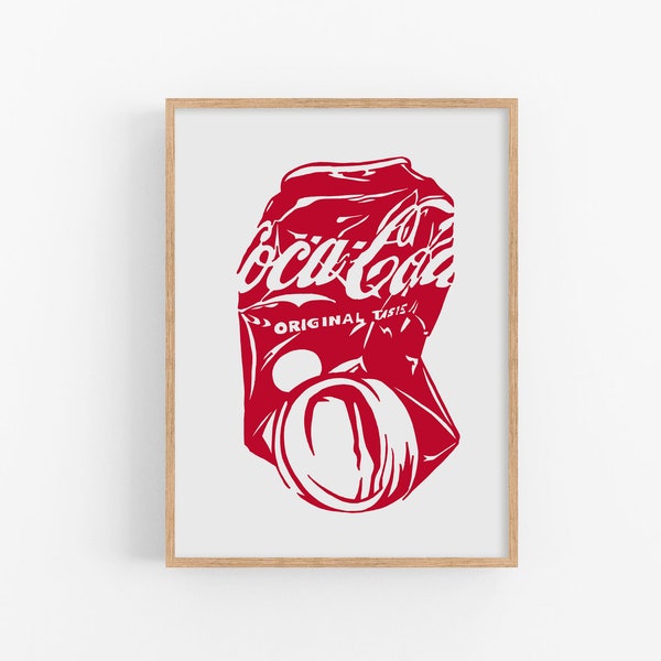 Impression d'art Coca Cola, affiche de coca, art mural boisson, oeuvre de cuisine rouge, décoration murale, chariot de bar, canette de cola écrasée, art graphique coloré simple moderne