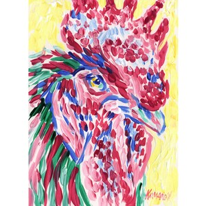 Rooster painting Farm animal original art Colorful wall art Rooster artwork Farmhouse wall decor 7 by 5 Tiny painting by KomarovArt