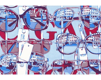 Peinture de lunettes oeuvre d'art pop art original de lunettes art mural moderne optique cadeau d'optométriste paysage urbain du marché de rue bleu rouge 8 par 12